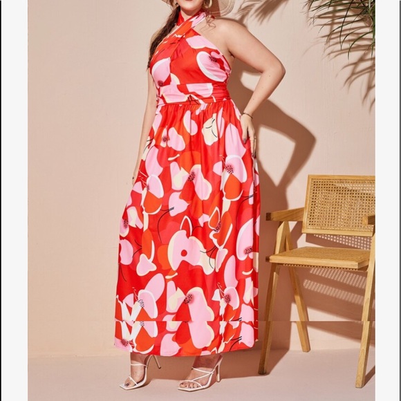 Boho Plus Size Red Floral Print Tie Back Halter Maxi Dress - Picture 7 of 14